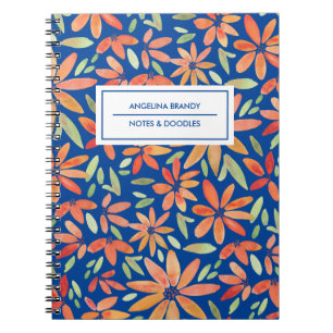 Caderno Espiral Padrão Floral Azul e Laranja Boho