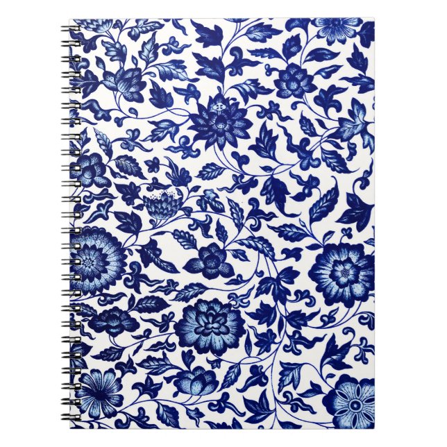 Caderno Espiral Padrão floral azul-marinho chinês em branco (Frente)