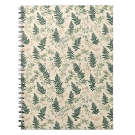 Caderno Espiral Padrão Floral Bege Verde Botânico de Samambaia