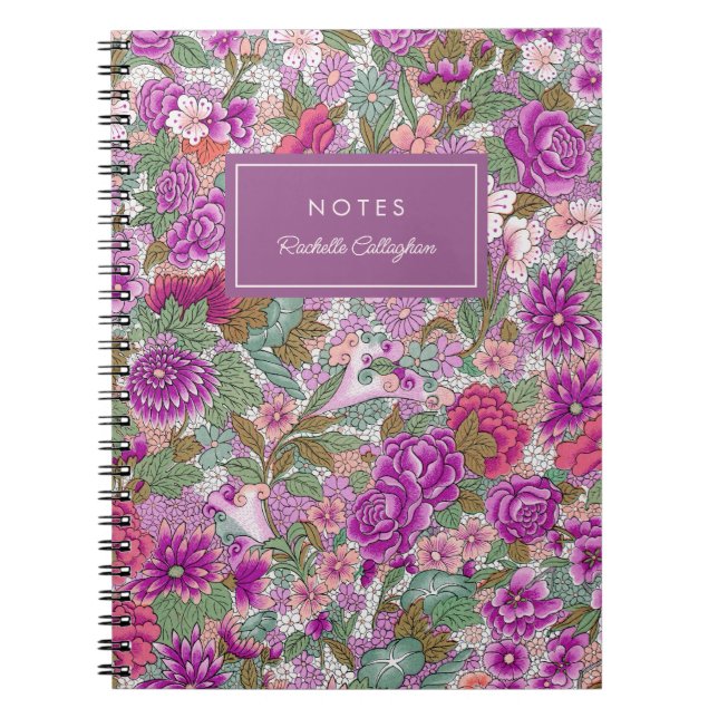 Caderno Espiral Padrão Floral bonito - Nome Magenta (Frente)
