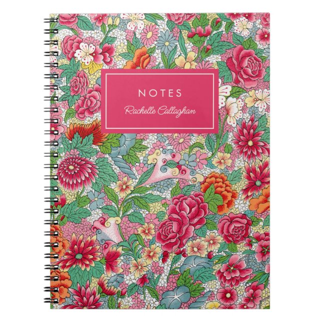 Caderno Espiral Padrão Floral bonito - Nome Magenta (Frente)