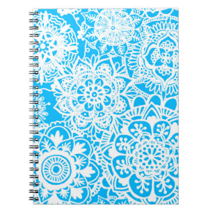 Caderno Espiral Padrão Floral Branco e Azul de Mandala