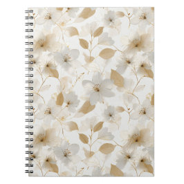 Caderno Espiral Padrão Floral Branco Flor de Ouro Macio Elegante