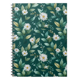 Caderno Espiral Padrão Floral Branco Folha Verde Aquarela