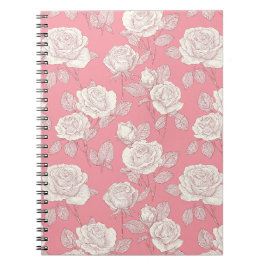 Caderno Espiral Padrão Floral Branco Rosa Rosa Desenhada à Mão
