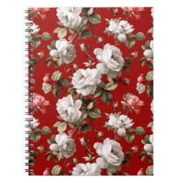 Caderno Espiral Padrão Floral Branco Rosa Vermelha Clássica