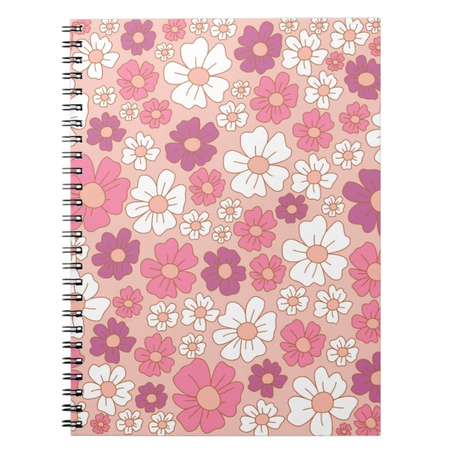 Caderno Espiral Padrão floral branco, roxo e esbranquiçado (Frente)