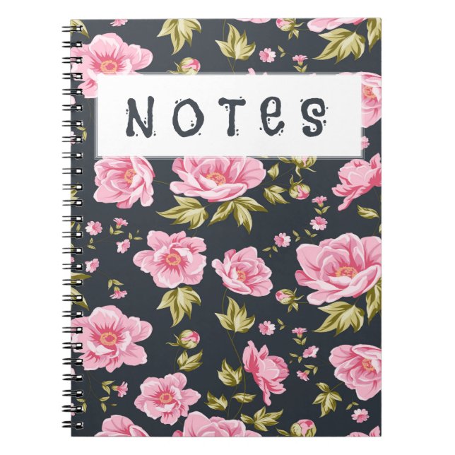 Caderno Espiral Padrão Floral Com Flores Rosa E Folhas Verdes (Frente)