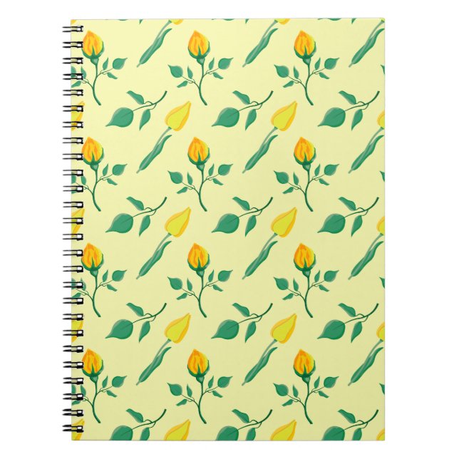 Caderno Espiral Padrão floral com rosa amarela e flores tulipas (Frente)