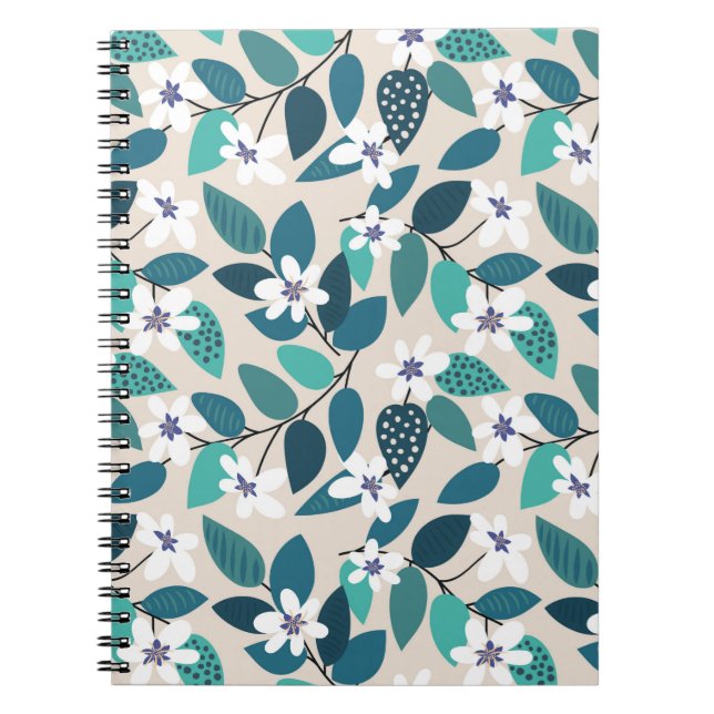 Caderno Espiral Padrão floral contínuo ventilado. Belo branco (Frente)