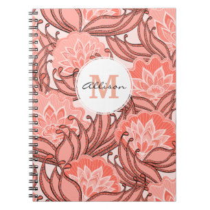 Caderno Espiral Padrão Floral Coral Vibrante Monograma