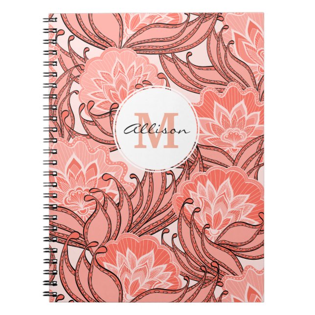 Caderno Espiral Padrão Floral Coral Vibrante Monograma (Frente)