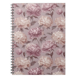Caderno Espiral Padrão Floral Creme Peônia Roxa Romântica