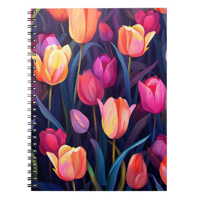Caderno Espiral Padrão Floral das Tulipas Rosa e Pêssega (Frente)
