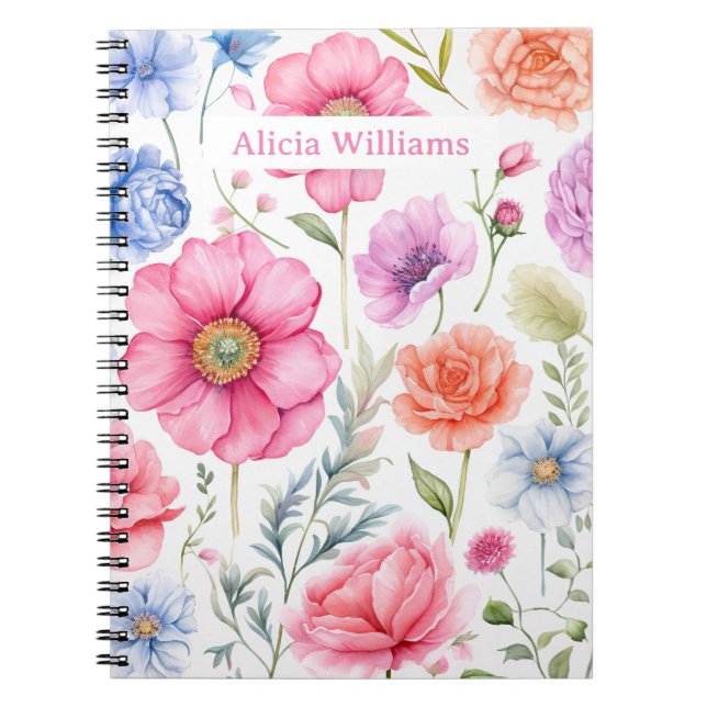 Caderno Espiral Padrão Floral de Aquarela Elegante de Nome Persona (Frente)