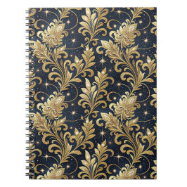 Caderno Espiral Padrão Floral de Damasco Luxuoso Dourado e Preto