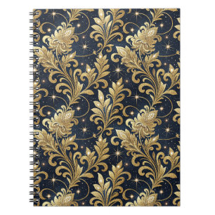 Caderno Espiral Padrão Floral de Damasco Luxuoso Dourado e Preto