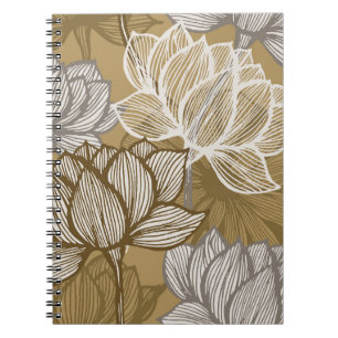 Caderno Espiral Padrão floral de deco de arte. Flor gold line art.