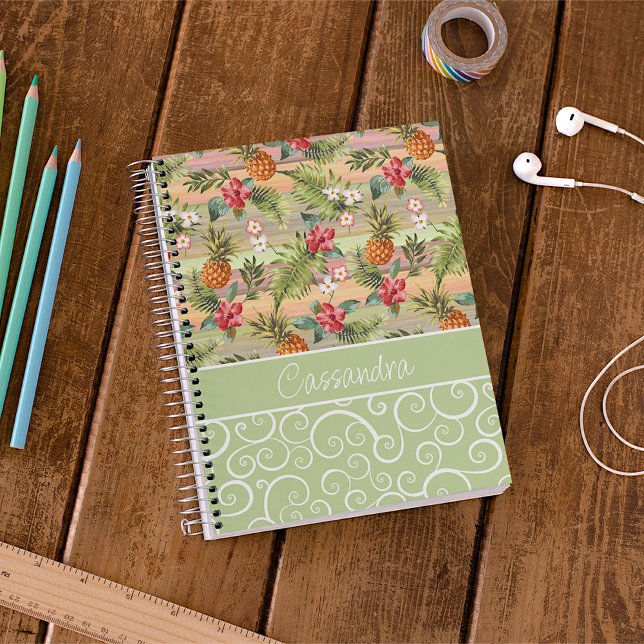 Caderno Espiral Padrão Floral de Fruta de Abacaxi Tropical de Dive (Criador carregado)