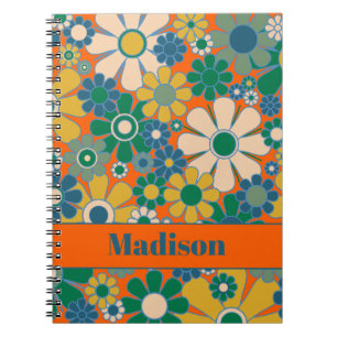 Caderno Espiral Padrão Floral de Garota Flor do Groovy Retro 70s