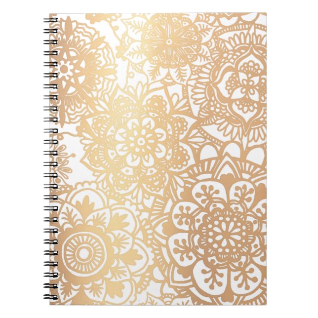 Caderno Espiral Padrão Floral de Mandala Dourado e Branco (Frente)