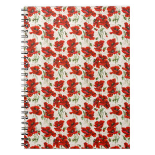 Caderno Espiral Padrão Floral de Papoula Vermelha Vintage Arte Bot