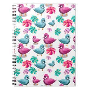 Caderno Espiral Padrão Floral de Pato Fofo Kawaii Rosa Azul