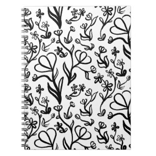 Caderno Espiral Padrão Floral em Preto e Branco