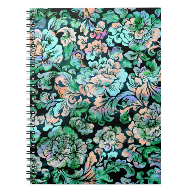 Caderno Espiral Padrão Floral em Verde e Pêssego (Frente)