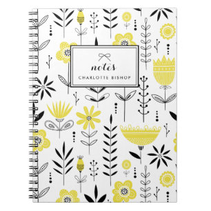 Caderno Espiral Padrão Floral Escandinavo Preto e Amarelo