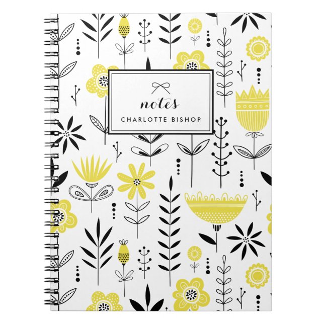 Caderno Espiral Padrão Floral Escandinavo Preto e Amarelo (Frente)