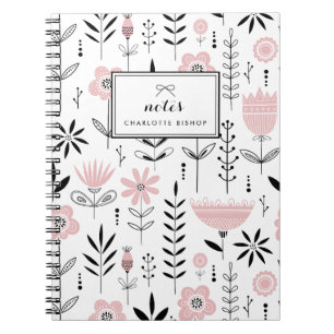 Caderno Espiral Padrão Floral Escandinavo Preto e Rosa