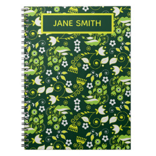 Caderno Espiral Padrão Floral Escandinavo Verde Escuro Moderno