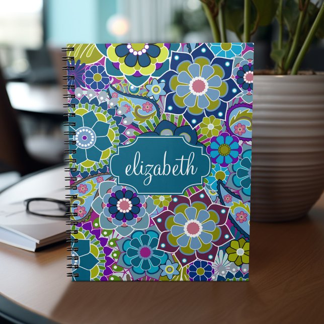 Caderno Espiral Padrão Floral Funky com Nome Personalizado (Personalized notebook - add your name or other text)
