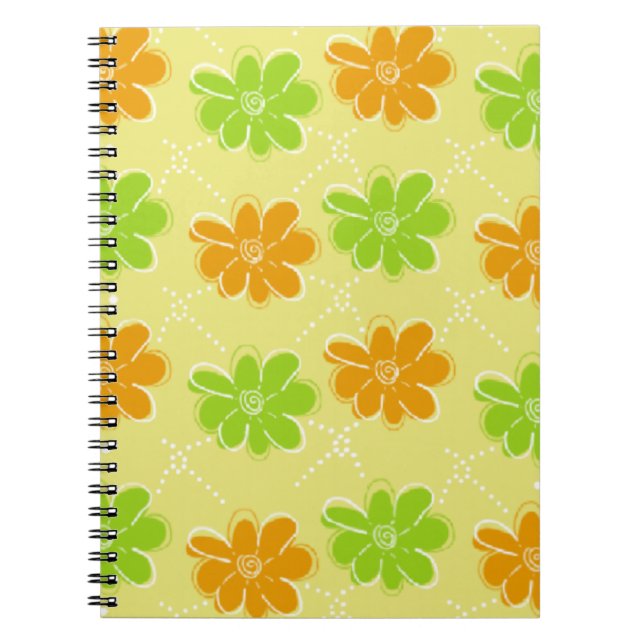 Caderno Espiral Padrão Floral Laranja e Verde (Frente)