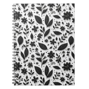 Caderno Espiral Padrão Floral Monocromático Com Folhas E Flores
