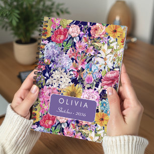 Caderno Espiral Padrão Floral Monograma Azul Estiloso Amarelo