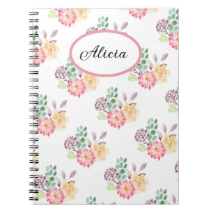 Caderno Espiral Padrão Floral Monogramado em Aquarela Chic