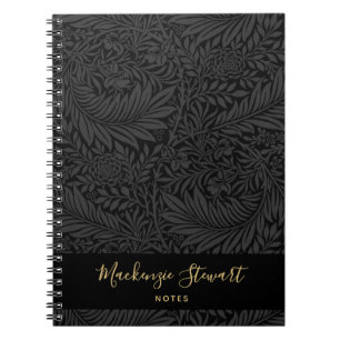 Caderno Espiral Padrão Floral Nome Personalizado Preto