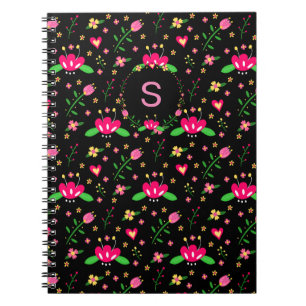 Caderno Espiral Padrão Floral Ocupado em Monograma Preto