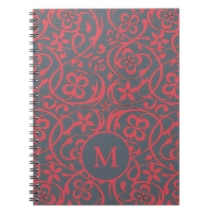 Caderno Espiral Padrão Floral Ornamentado em Monograma Rosa e Cinz