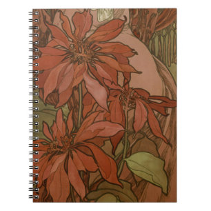 Caderno Espiral Padrão Floral Poinsettia Vermelha Art Nouveau de M