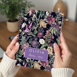 Caderno Espiral Padrão Floral Preto Elegante Flores Folhas