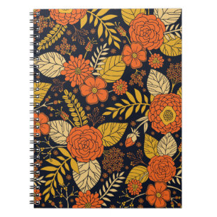 Caderno Espiral Padrão Floral Retro Laranja, Amarelo, Marrom e Mar