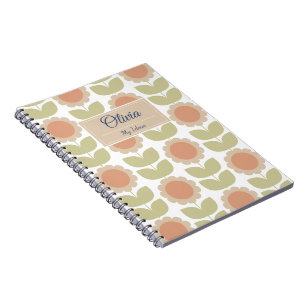 Caderno Espiral Padrão Floral Retro Rosa Pastel Meados do Século