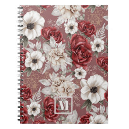 Caderno Espiral Padrão Floral Rosa Borgonha Monograma