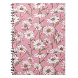 Caderno Espiral Padrão Floral Rosa Desenhado à Mão com Margaridas