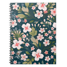 Caderno Espiral Padrão Floral Rosa e Branco Elegante
