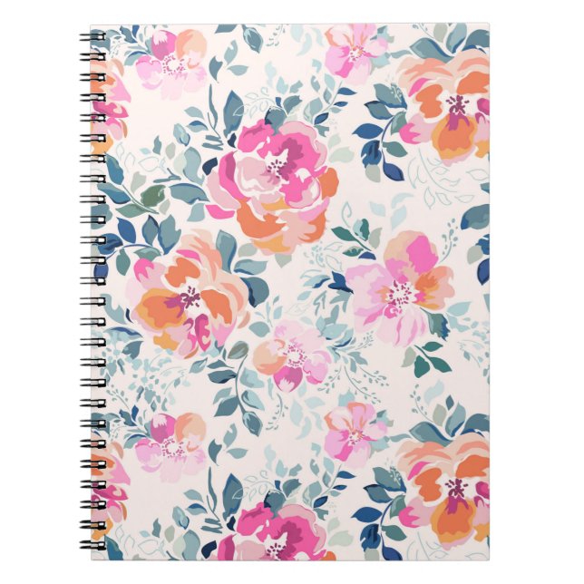 Caderno Espiral Padrão Floral Rosa e Teal (Frente)