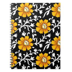 Caderno Espiral Padrão Floral sem costura com Background preto,b